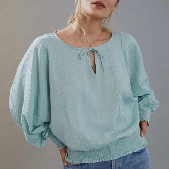 Anthropologie Rebecca Long Sleeve Smocked Waist Peasant Top Mint Green Size S - Picture 1 of 12